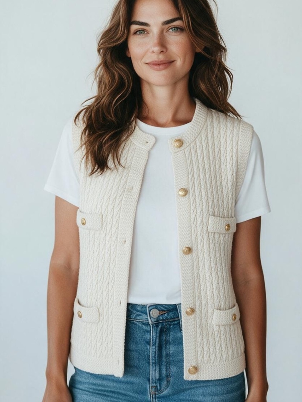 Zara Cream Cable-Knit Button-Front Vest with Gold Buttons